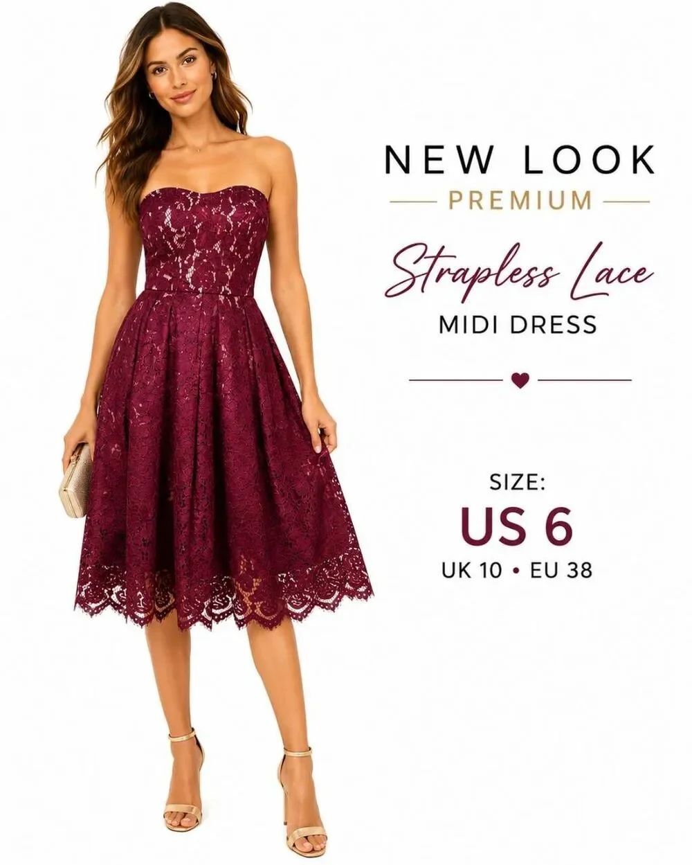 New Look Premium Burgundy Lace Strapless Midi Dress Women's US 6 NWT